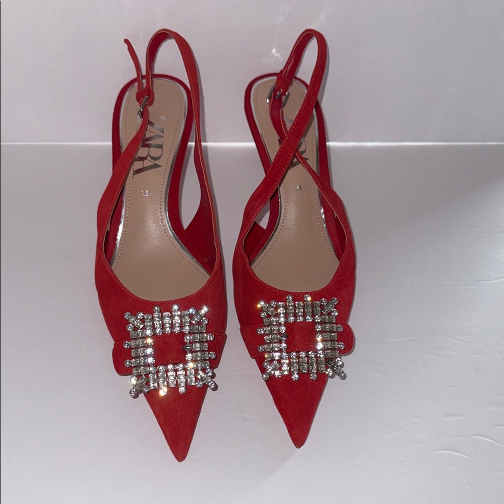 Zara Red Suede Rhinestone Brooch Pointy Toe Mid-heel Slingback Heels EU Sz 36 - Picture 2 of 8